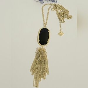 Kendra Scott Rayne Black & Gold Plated Tassel Dangle Pendant Necklace 32" Chain